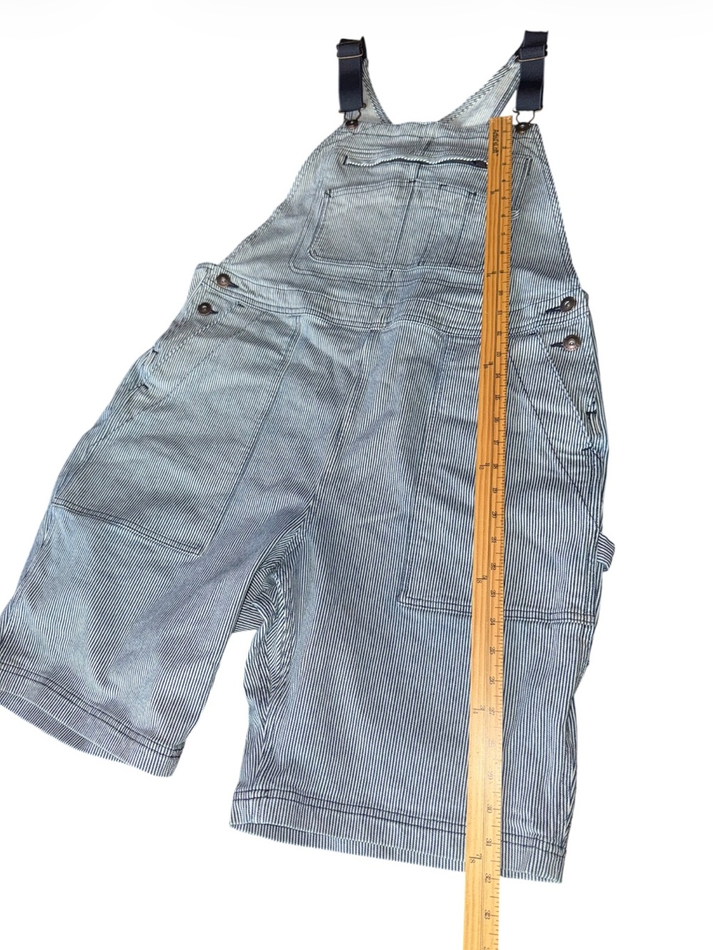 Duluth Trading Bibs Railroad Pin Stripe Rootstock Gardening Shorts Overalls L - Picture 13 of 16